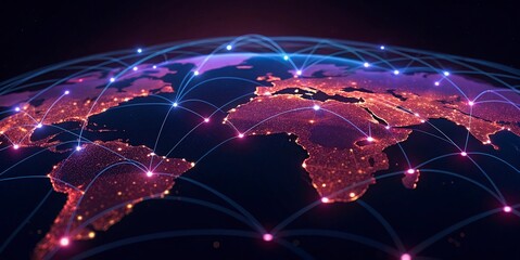 lobal network connection over the world. Internet New Best Concept of global business.World map with glowing lines on dark background. Network and communication show concept. 3D Rendering	
