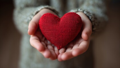 Fototapeta premium Child Holding A Red Heart: Symbolizing Kindness And Love Through A Handmade Valentine; Close-Up Image With Copy Space.