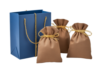 Blue gift bag with three brown pouches isolated on a transparent background