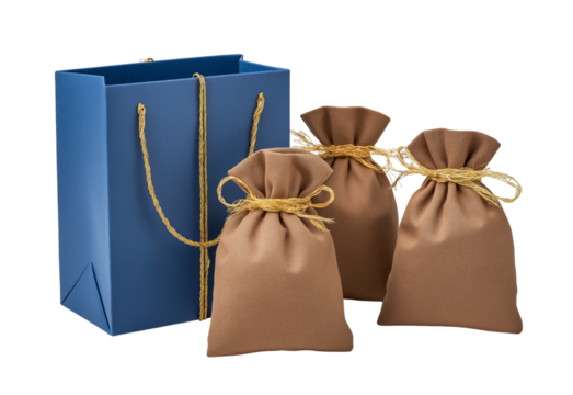 Blue gift bag with three brown pouches isolated on a transparent background - Powered by Adobe