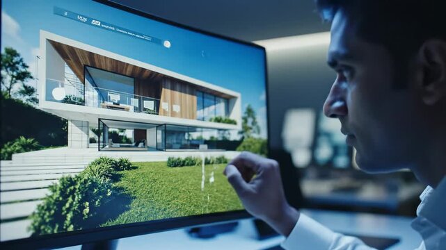 Professional Architect Interactively Designing Modern Luxury Home in 3D Architectural Software on Touch Screen