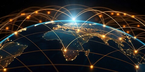 lobal network connection over the world. Internet New Best Concept of global business.World map with glowing lines on dark background. Network and communication show concept. 3D Rendering	