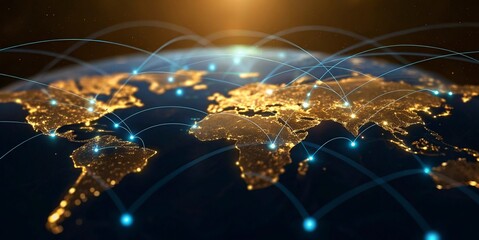 lobal network connection over the world. Internet New Best Concept of global business.World map with glowing lines on dark background. Network and communication show concept. 3D Rendering	