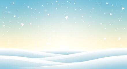 A serene winter landscape with soft, rolling snowdrifts under a gradient sky filled with falling stars and gentle snowflakes.