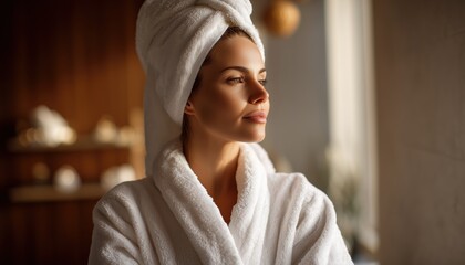 Woman Enjoying Relaxation At Spa While Wearing White Robe In Indoor Wellness Centre. A Moment Of Serenity And Comfort.