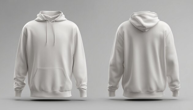 Sweatshirt Mockup Template: Front And Back Views On Grey And White Hoodie Presentation Jumper For Printing Blank Clothes Sweat Shirt Sweater.