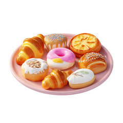 Assorted Pastries with Donuts, Croissants on Pink Plate, and Black Background.