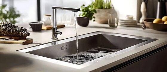 Modern kitchen sink with a sleek faucet running water into the basin.