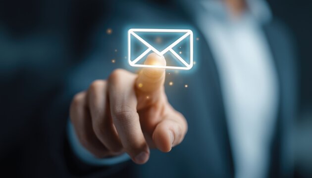 New Email Send Notification For Business E-Mail Communication: Digital Marketing & Internet Technology. Inbox Receives Electronic Message Invite, With Man Touching On Newsletter.
