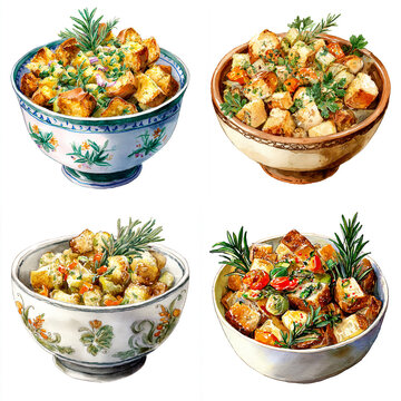 Hand-painted illustration of bread stuffing set with herbs and vegetables in bowl, traditional Christmas side dish watercolor clipart on white background.