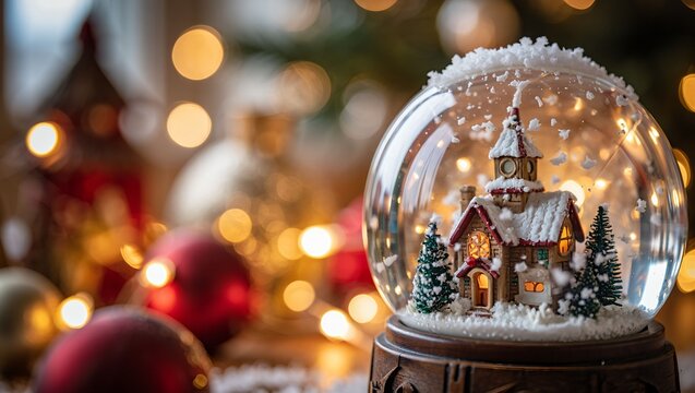 Close-Up of Snow Globe with Mini Winter Village and Swirling Snowflakes – Blurred Fairy Lights and Christmas Ornaments Behind