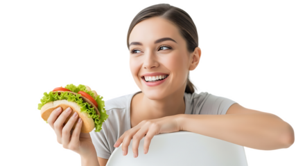 AI generated Beautiful Woman Smiling While Eating Sandwich ontransparent Background , Healthy Food & Lifestyle Concept