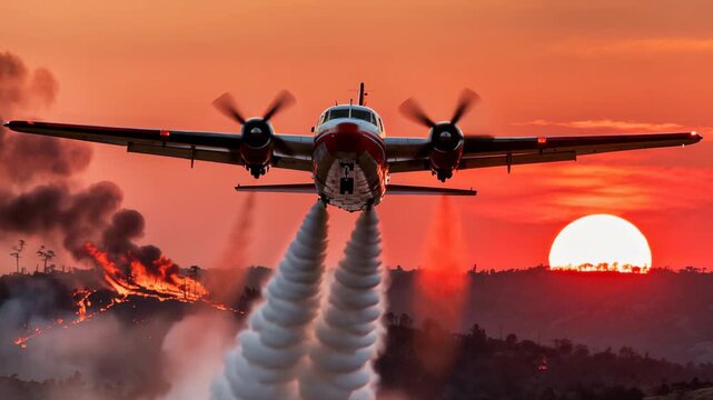 Powerful twin-engine aircraft releasing water cascade over raging forest inferno during intense sunset, capturing critical emergency response moment with dramatic environmental backdrop.