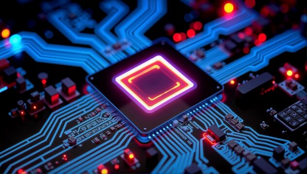 A glowing microchip radiates neon pink and red light across a futuristic motherboard, revealing the intricate beauty of modern computing and electronic connectivity.
