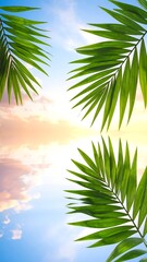 Fototapeta premium Tropical scene with palm leaves framing a tranquil reflection of the sky with pastel clouds, suggesting serenity