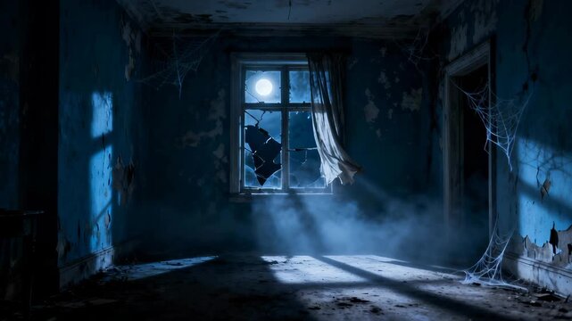 Desolate interior bathed in moonlight, revealing supernatural phenomena through shattered window, ethereal objects suspended in misty atmosphere, fragmented curtain casting eerie shadows