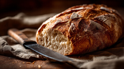 A loaf of freshly baked bread with a knife resting on a linen cloth in warm lighting