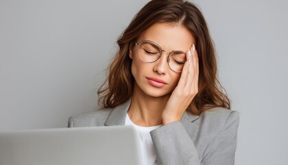 Exhausted Caucasian Businesswoman In Eyeglasses With Fatigue Eyes Feels Fatigued From Working On Laptop On Grey Background - Overwork And Tiredness Effects.