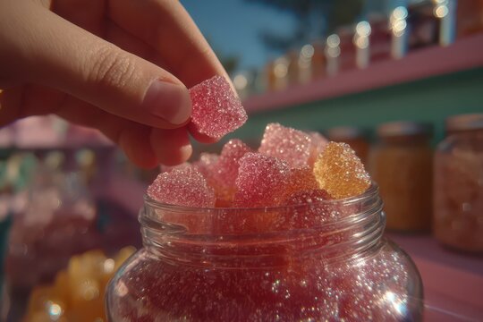 A hand retrieves a shimmering, sugar-coated gummy from a vibrant candy jar. - Powered by Adobe