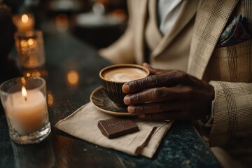 Stylish hands hold a coffee cup with latte art in a cozy, candlelit setting.
