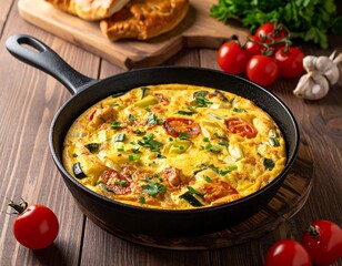 Close-up of a frittata with zucchini and tomato in a cast iron pan