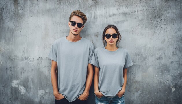 Stylish Hipster Couple In Blank Gray T-Shirts, Jeans, And Sunglasses Poses Against Concrete Wall In Urban City Street - Front Tshirt Mockup.
