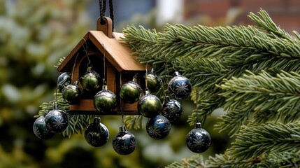 Wooden birdhouse ornament with christmas balls hanging from evergreen branches.