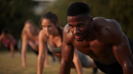 Active men and women performing intense push up exercises during an outdoor fitness bootcamp highlighting effort and determination