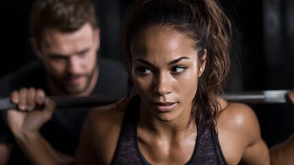 Focused athlete performing a weighted squat exercise in a gym with a trainer assisting