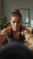 Young Woman Doing Home Bodyweight Workout in Bright Living Room for Wellness Lifestyle