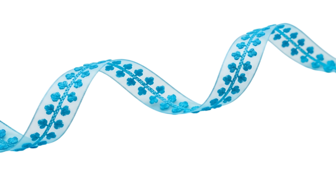 A flowing ribbon with a repeating floral pattern of blue clover leaves on a white background isolated on transparent background