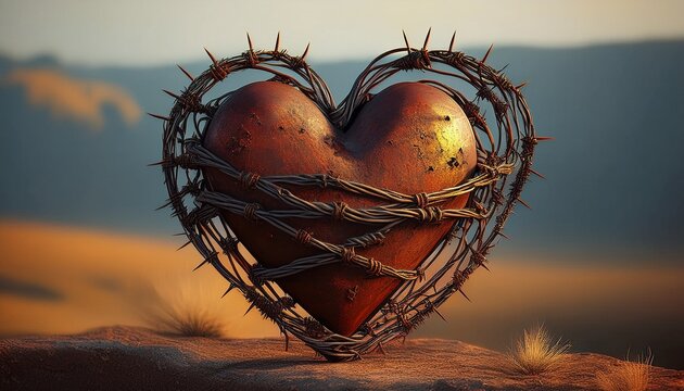 a rusty heart entangled in barbed wire a poignant sculpture symbolizing struggle and resilience