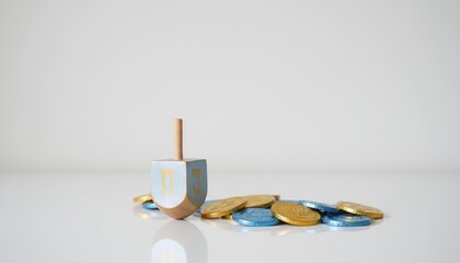 A wooden Hanukkah dreidel with chocolate gelt coins. Jewish holiday tradition and celebration. Minimalist still life on a white background with copy space