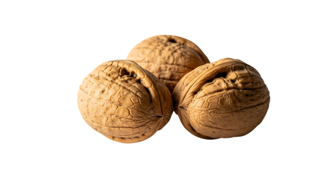 Three whole walnuts clustered together showing their textured brown shells isolated on transparent background