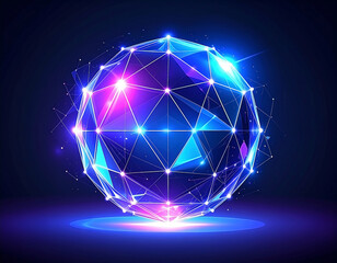 Geometric sphere of connected points and lines in a glowing neon atmosphere