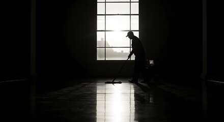 Silhouette of a cleaner working with a mop on a shiny floor with sunlight streaming through a large