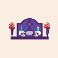 Festive Tombstone Illustration with Skulls, Candles, and Flowers for Day of the Dead Celebration
