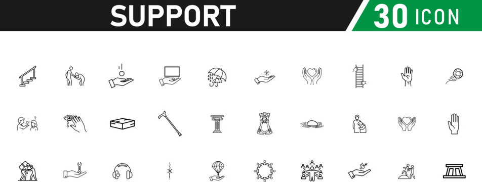 Set of Support icon.  daily plan, accountability circle, slow progress arrow, support journal, recovery meter, peer cheer, follow-up icon. editable liner style