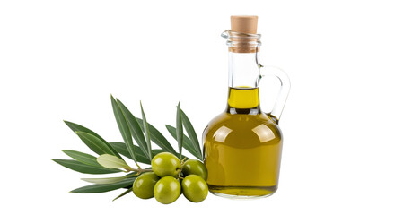 A glass bottle filled with golden olive oil next to a branch of green olives and leaves isolated on transparent background