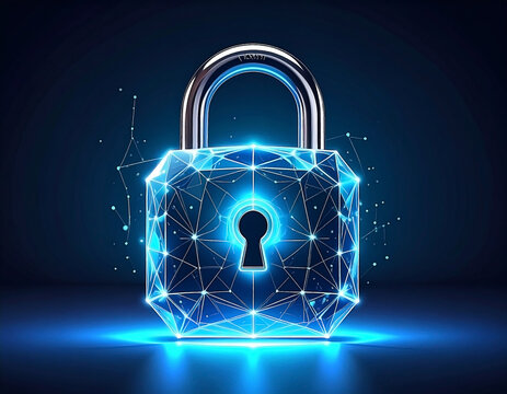 Digital security padlock with a polygonal structure and glowing network connections