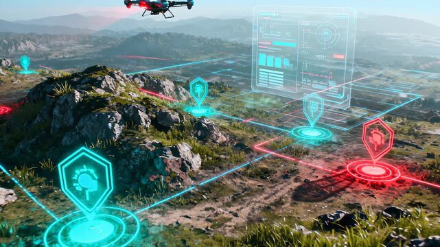 High-precision military drones scanning rugged mountainous landscape, utilizing advanced holographic tracking system with digital network markers displaying tactical reconnaissance data.