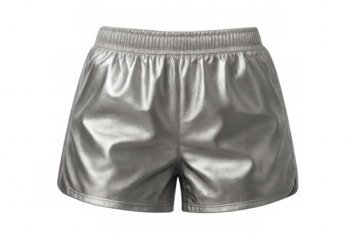 Silver metallic shorts displaying modern activewear fashion, a shiny futuristic sportswear clothing item for athletic style