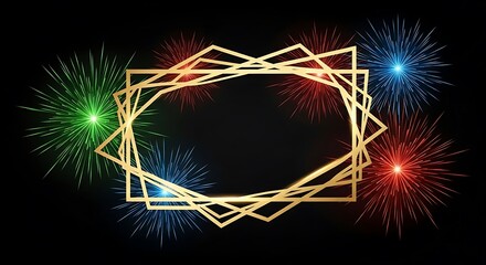 A golden geometric frame with colorful fireworks exploding around it on a black background, creating a festive and celebratory atmosphere.