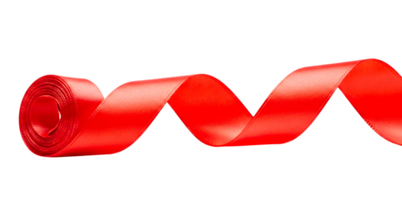 A vibrant red satin ribbon elegantly curled and spiraling across a black background isolated on transparent background