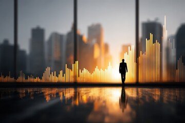 Executive walking confidently amidst dynamic financial charts and urban skyline.