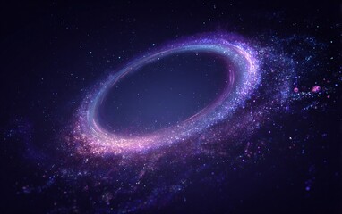 an abstract representation of the cosmos, with an ethereal purple nebula and glowing ring in space. the background is dark blue,