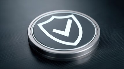 A sleek security badge emblem with a checkmark, symbolizing trust and protection in a digital context.