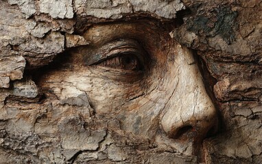 Obraz premium a face made of tree bark, cracked. in the background, 