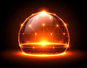 Futuristic glowing orange sphere with grid lines and light effects on black
