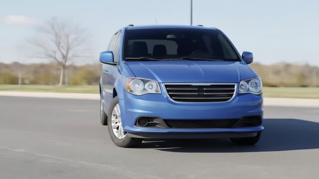 A blue minivan drives on a road with trees and a streetlamp in the background